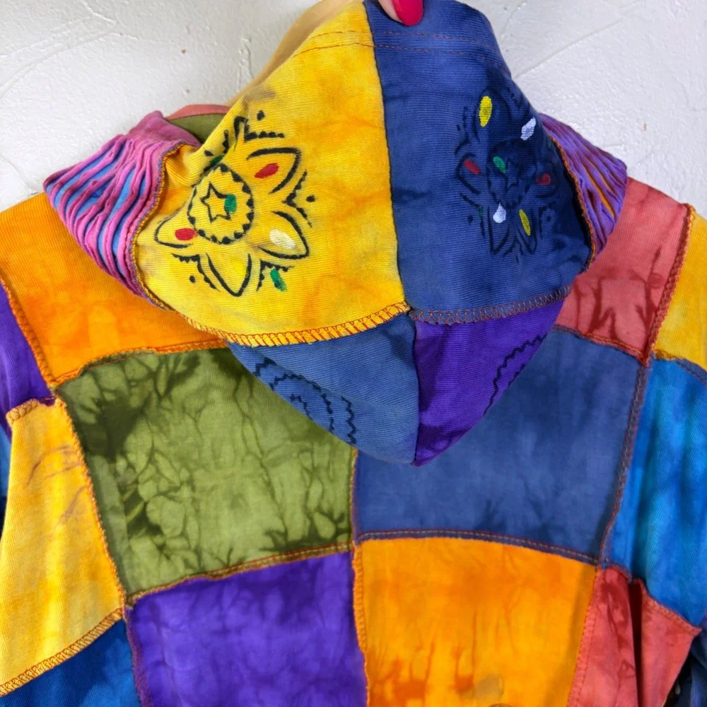 Rising International Patchwork Zip Up Hoodie Women XL Boho Sun Hippie Colorful